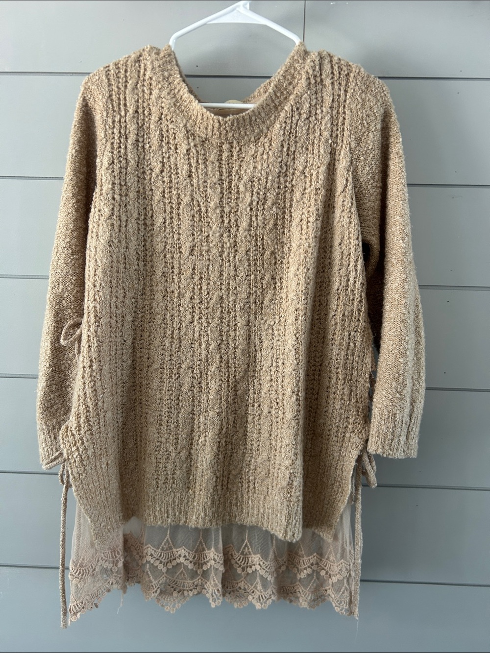 Altar'd State Beige Lace-Hem Scoop Neck Sweater